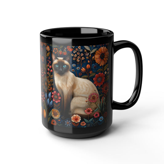 Siamese Cat Flower Garden William Morris Inspired Black Coffee Mug For Her Him Ceramic Mug Black Mug 11oz, 15oz