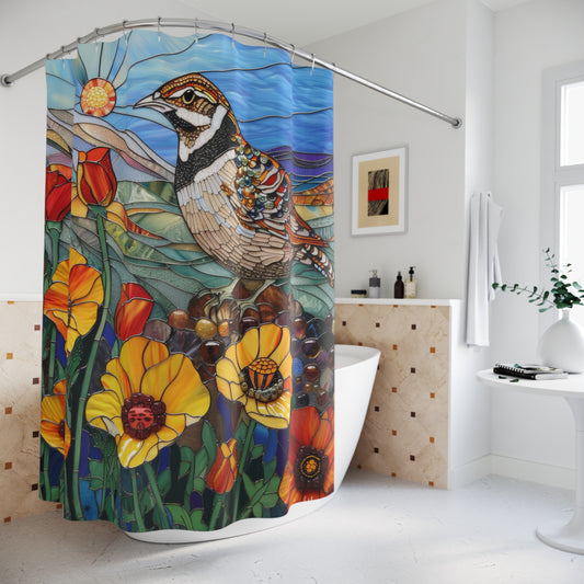 Stained Glass Valley Quail birds and Golden Poppy Field Polyester Shower Curtain