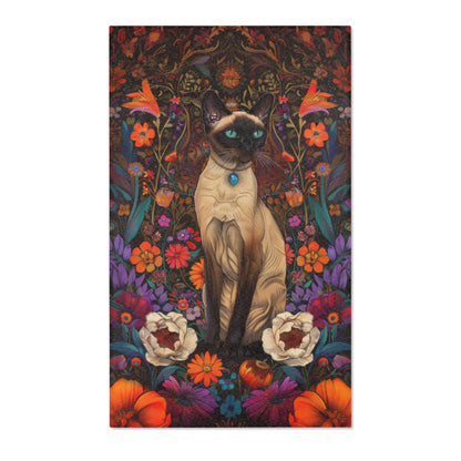 Siamese Cat William Morris Inspired Rectangle Area Rug, Floral Cat Living Room Carpet Decor, Cat Lover Home Decor Gift