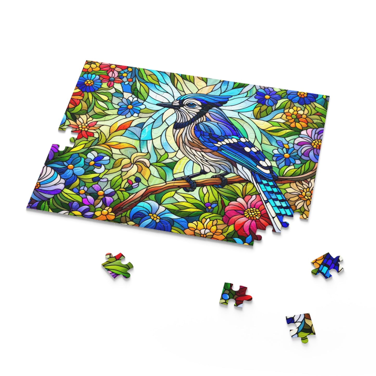 Stained glass Blue Jay Bird Spring Flower Jigsaw Puzzle Box (120, 252, 500-Piece) Adult Jigsaw Puzzle, Gift Him Her