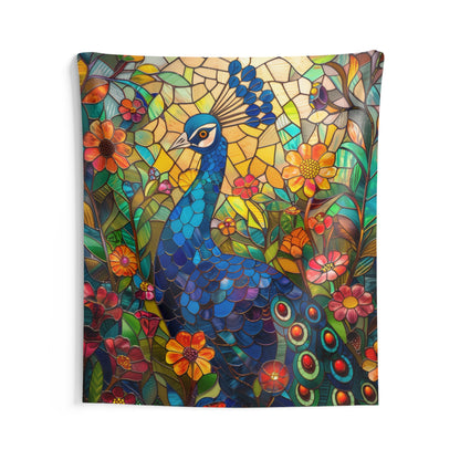 Tapestry of Peacock Faux Stained Glass, Vibrant Psychedelic, Art Wall Tapestries