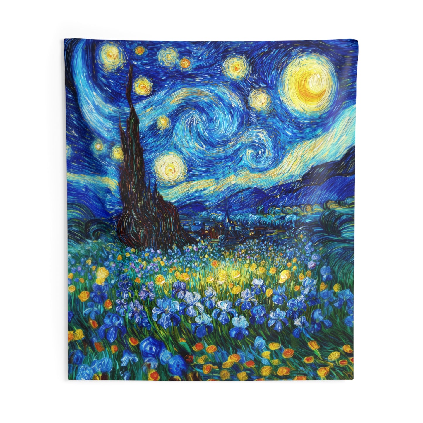 Starry Night Inspired Wall Tapestry with Floral Field, Vibrant Artistic Home Decor