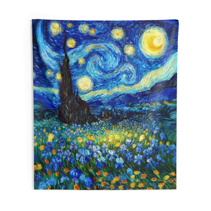 Starry Night Inspired Wall Tapestry with Floral Field, Vibrant Artistic Home Decor
