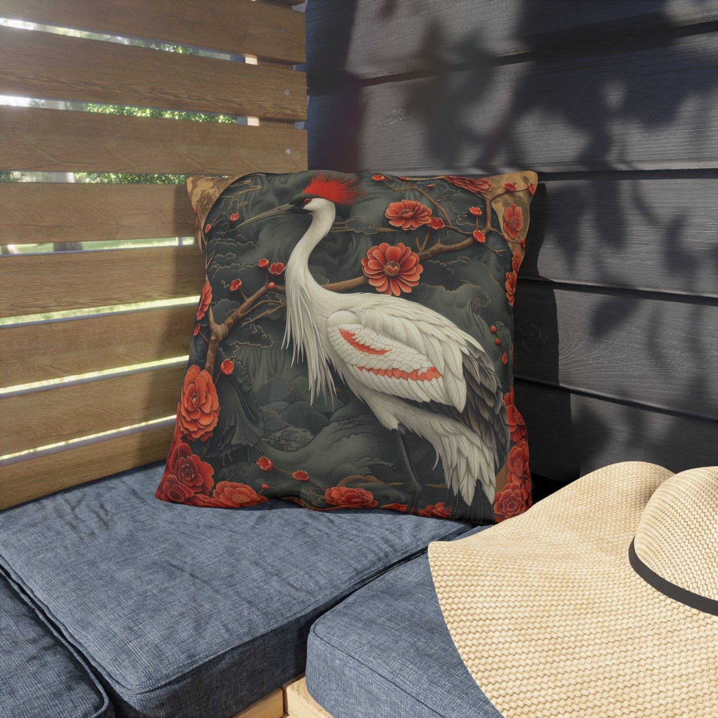 Japanese Crane Floral Outdoor Pillow, Red Crown Crane Throw Pillow, Oriental Bird Cushion, Zen Garden Decor, Asian Inspired Accent Pillow, Nature Lover Gift