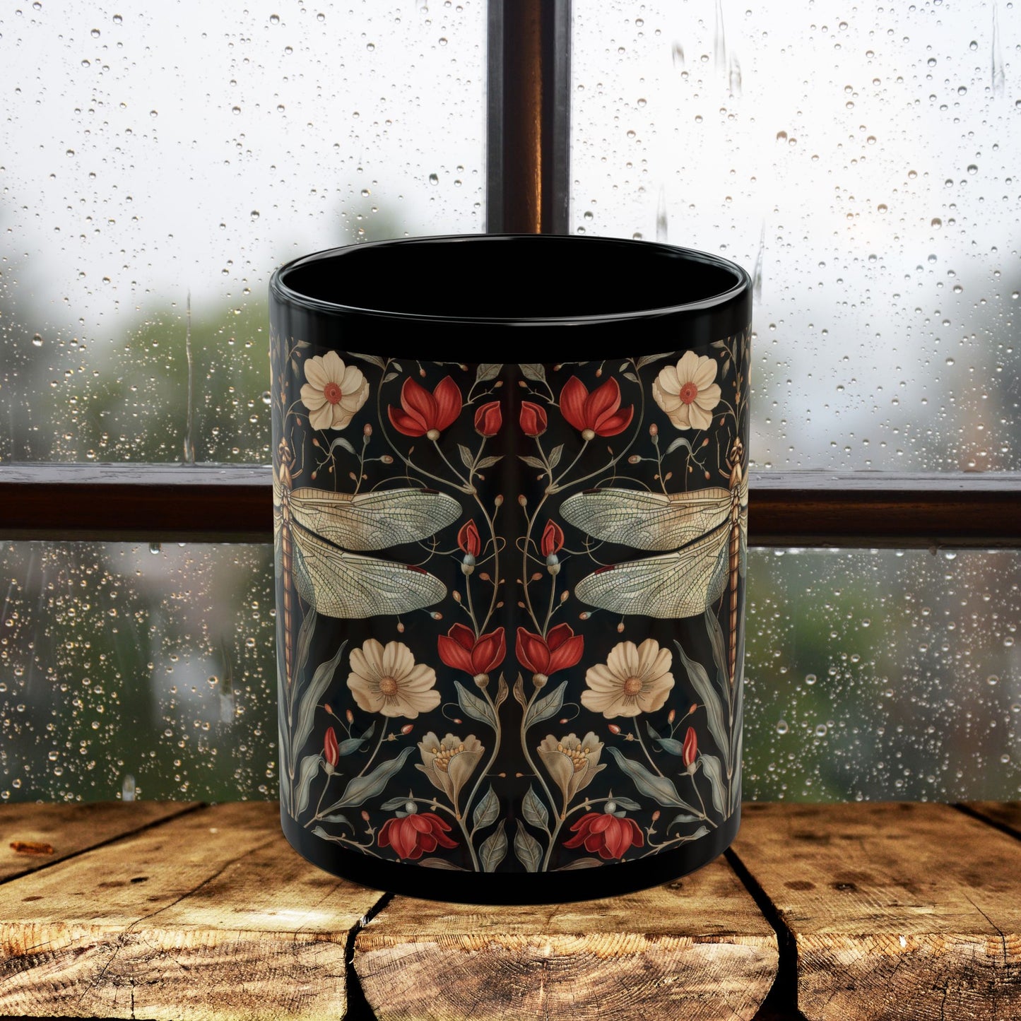 William Morris Inspired Botanical Dragonfly Black Mug 11oz, 15 oz