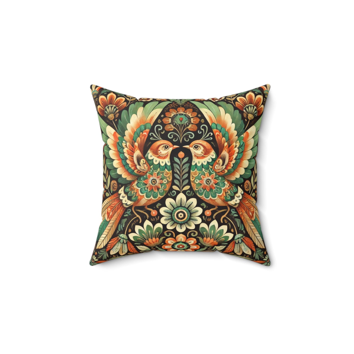 Folk Art of Two Birds and Flowers Pattern Decorative Pillow