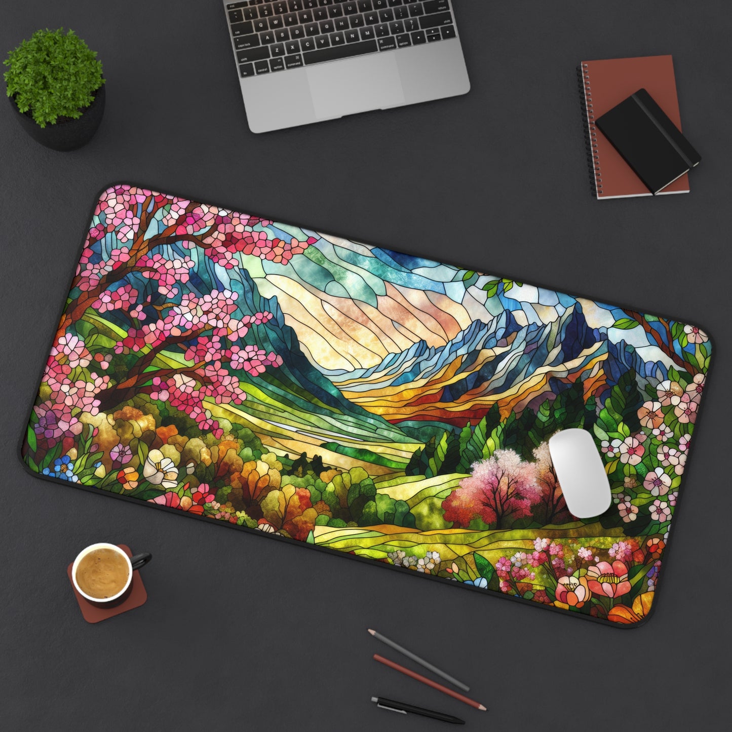 Mountain Landscape Spring Scene | Faux Stained Glass | Desk Mat 2 Sizes | Gamer Keyboard Mouse Pad | Office Decor GiftDesk Mats