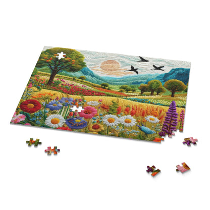 Embroidered Spring Wildflowers Jigsaw Puzzle (120, 252, 500-Piece) Gift-Ready Box, Adult Jigsaw Puzzle