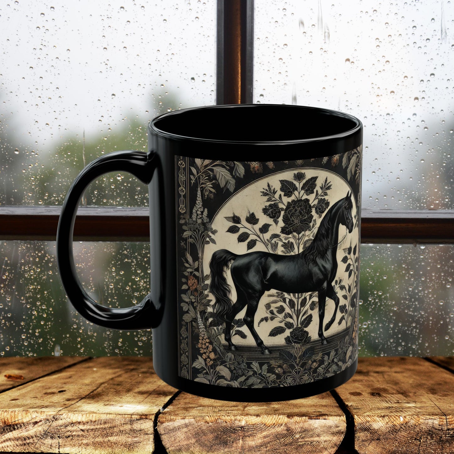 Botanicals Arabian Black Horse William Morris Inspired Black Coffee Cup 11oz, 15oz