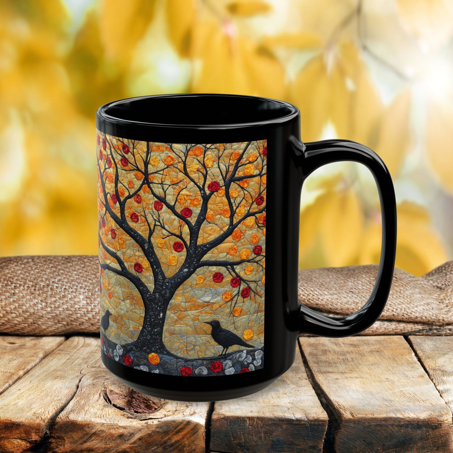 Autumn Apple Tree Art Mug | Black Ceramic Coffee Cup