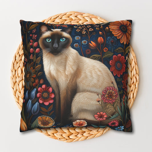 William Morris Inspired Siamese Cat Flower Garden Pillowcase