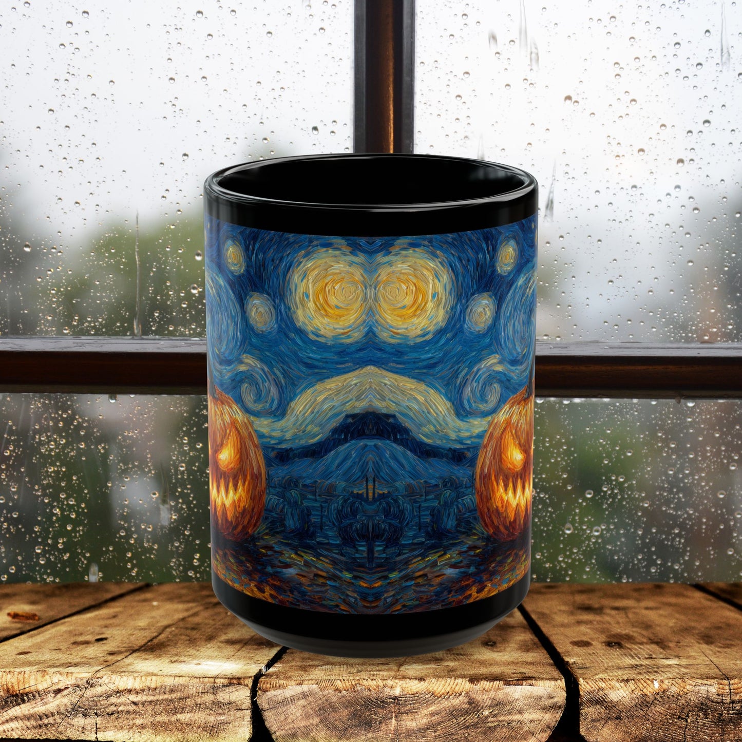 Halloween Pumpkin Art Mug, Black Mug for Halloween Decor, Starry Night Inspired, Spooky Coffee Cup, Gift for Pumpkin Lovers
