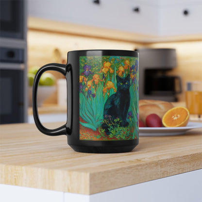 Black Cat Iris Mug, Van Gogh Inspired Cat Art Mug, Colorful Impressionist Floral Black Ceramic Mug, Artistic Cat Lover Gift, 11oz & 15oz