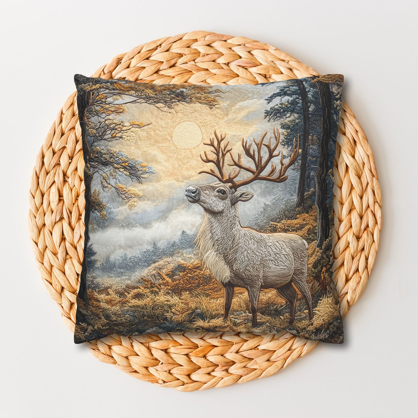 Mountain Reindeer Decorative Fall Square Pillow, Spun Polyester Home Decor, William Morris Inspired