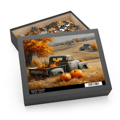 Autumn Vintage Truck Puzzle, Rustic Fall Farmhouse Jigsaw with Pumpkins (120, 252, 500 Pieces)