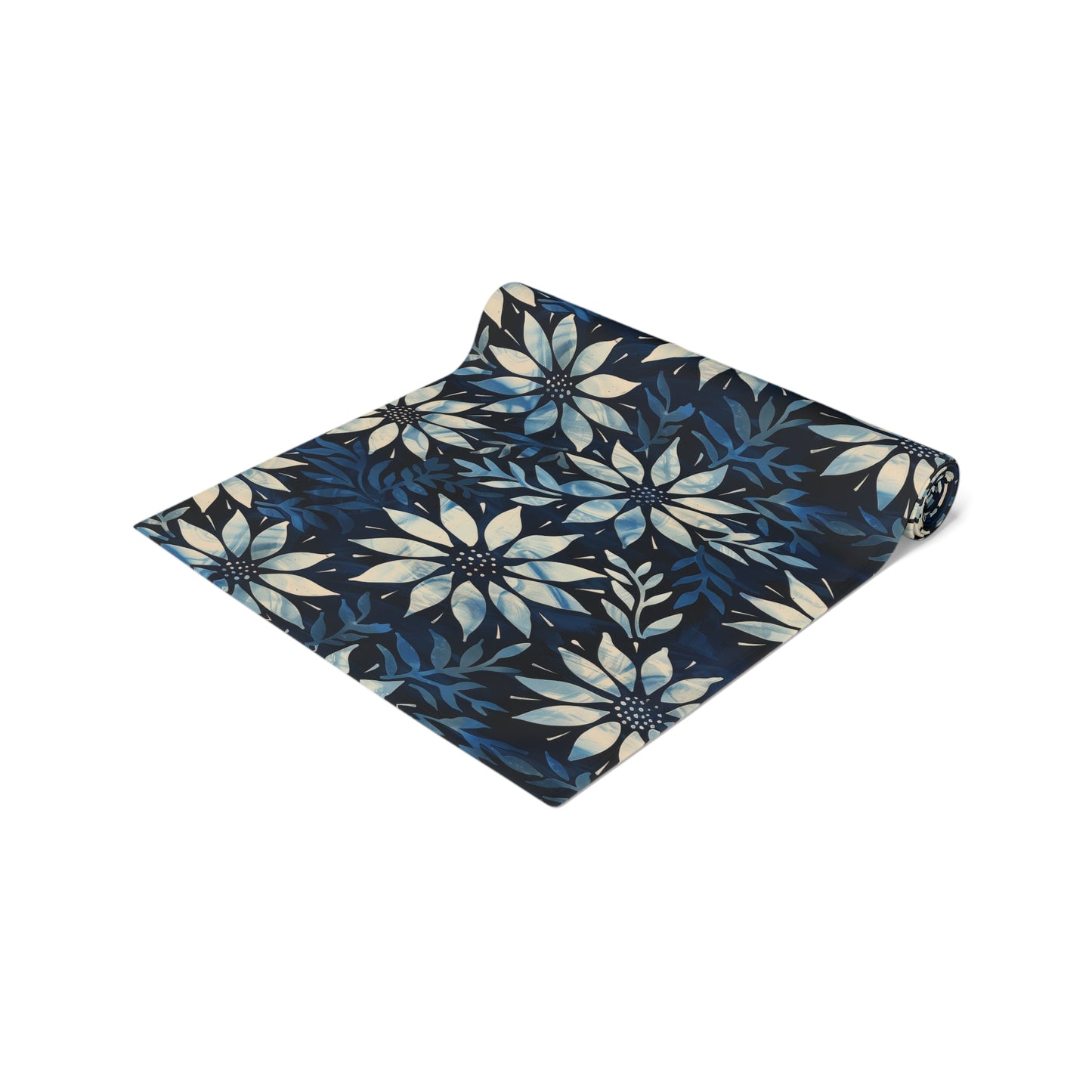 Woodblock Print Indigo Ink Snowflake Pattern, William Morris Inspired, Table Runner Home Decor (Cotton, Poly)