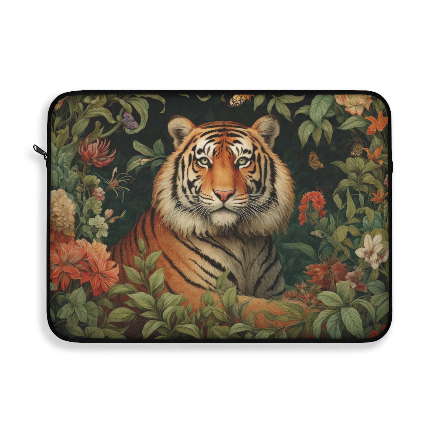 William Morris Inspired Botanical Tiger Laptop Sleeve, Animal Protective Case, Customizable Cover, Gift for Nature Lovers, Floral Tech Bag