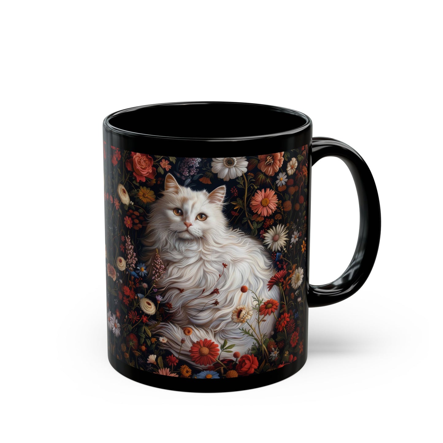 William Morris Inspired White Persian Cat Florals Garden Black Coffee Mug, Cat Lover Gift