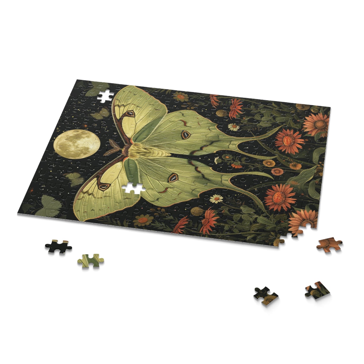 William Morris Inspired Magical Green Luna Moth Night Moon Puzzle Box (120, 252, 500-Piece) Family Jigsaw Puzzle, Puzzle Box Gift