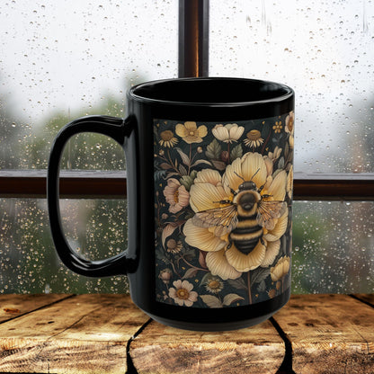 Botanical Bumblebee William Morris Inspired Black Coffee Mug For Her Him Ceramic Mug Black Mug 11oz, 15oz