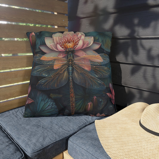 Dragonfly Lotus Outdoor Pillow, Moody Botanical Throw Pillow, Vintage Nature Cushion, Water Garden Patio Decor, Dark Cottagecore Accent Pillow
