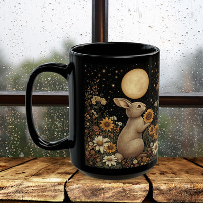 Moon Rabbit Coffee Mug, William Morris Inspired Floral Bunny Black Ceramic Cup (11oz, 15oz)