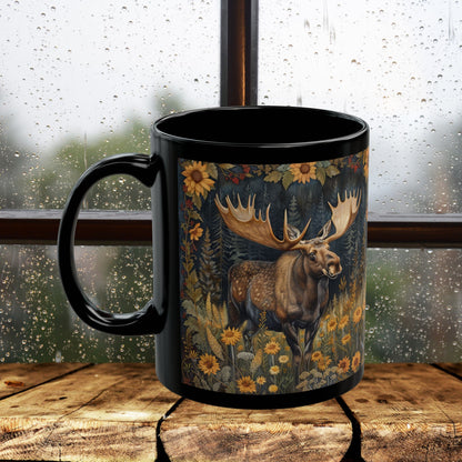 Moose Sunflower Coffee Mug: William Morris Inspired Nature Art