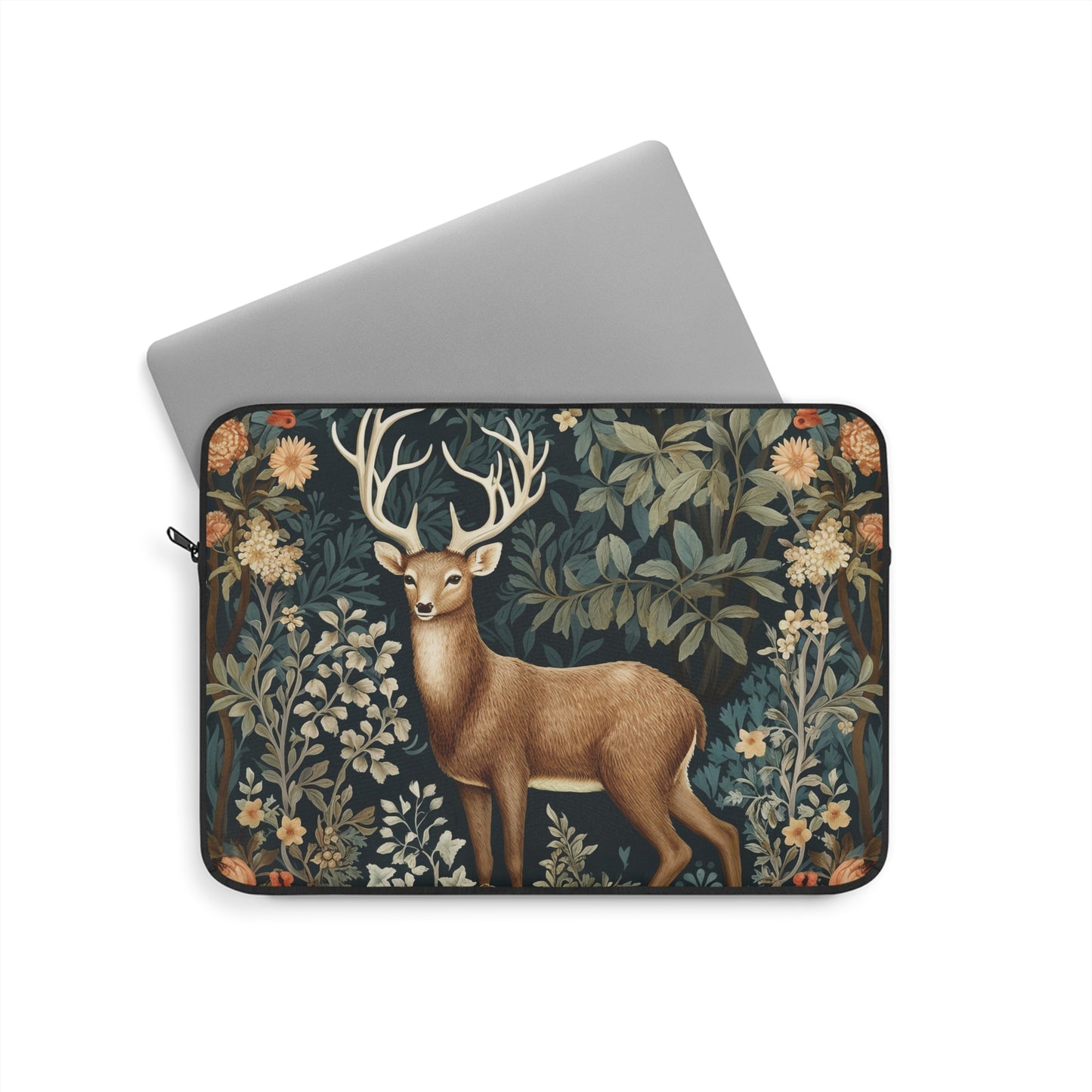 Woodland Deer Laptop Sleeve, William Morris Inspired Forest Botanical Art Case, Elegant Nature Animal Laptop Cover (12”, 13”, 15”)