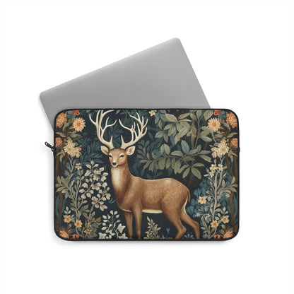 Woodland Deer Laptop Sleeve, William Morris Inspired Forest Botanical Art Case, Elegant Nature Animal Laptop Cover (12”, 13”, 15”)