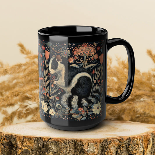 William Morris Inspired Floral Skunk Art Nouveau Coffee Mug For Her Him Ceramic Mug Black Mug 11oz, 15oz