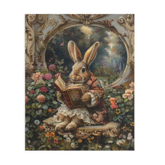William Morris inspired Rococo Bunny With Vintage Book Jigsaw Puzzle Box (120, 252, 500-Piece) Family Jigsaw Puzzle, Puzzle Box Gift