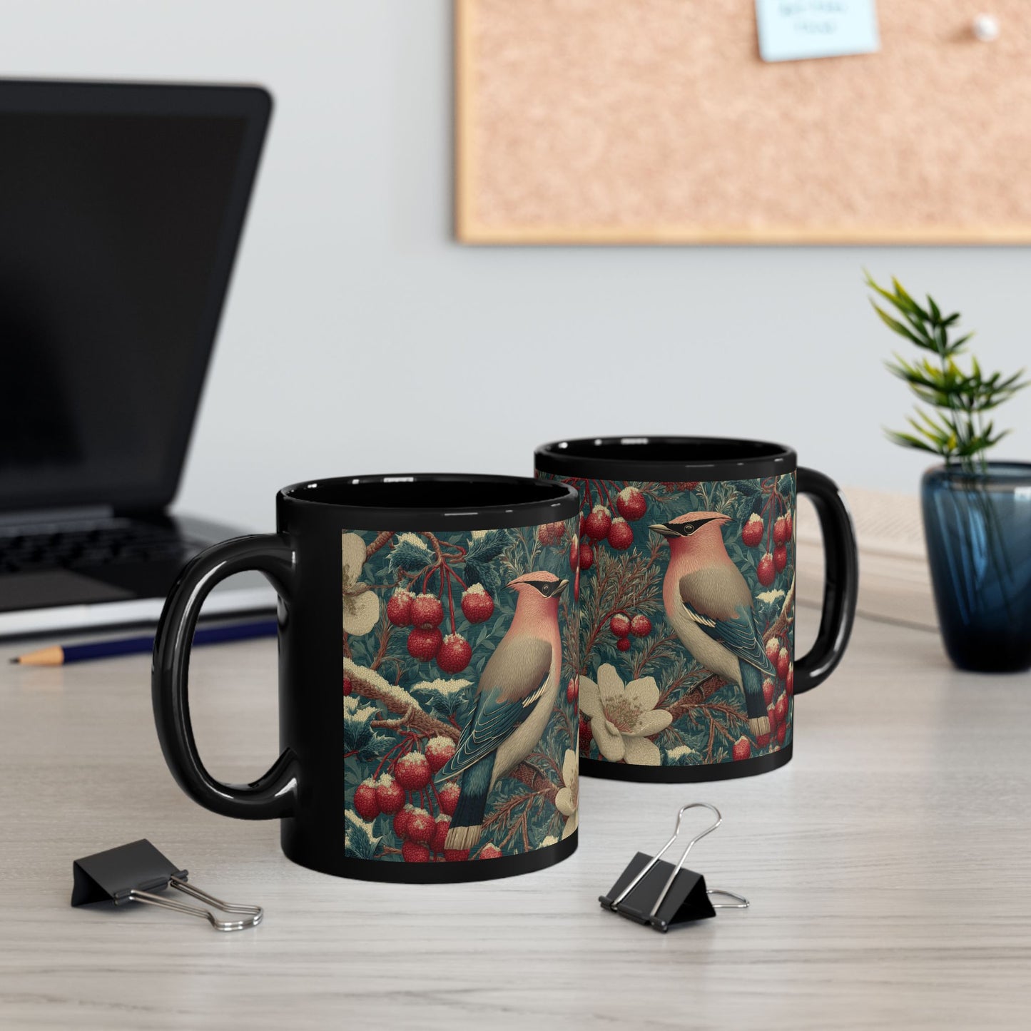 Waxwing Bird Vintage Berry Botanical Black Mug (11oz,15oz) Nature Lover Wildlife Art Gift