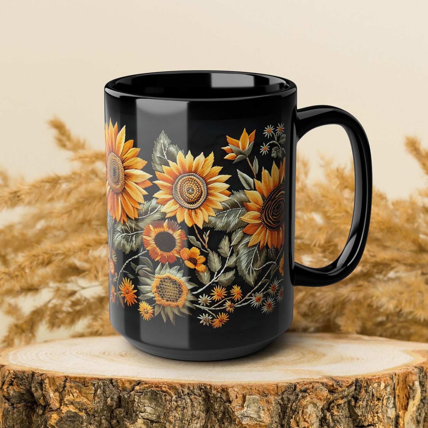 Sunflowers Pattern Embroidery Mug Black Mug (11oz, 15 oz)