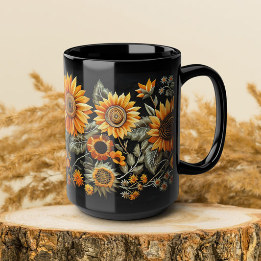 Sunflowers Pattern Embroidery Mug Black Mug (11oz, 15 oz)