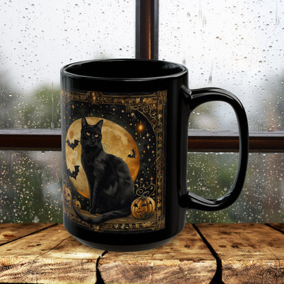 Art Deco Full Moon Black Cat Mug, William Morris Inspired, Black Coffee Cup 11oz, 15oz, Cat Lover Gift, Halloween Mug, Gothic Kitchen Decor,