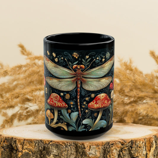 Art Nouveau Style Dragonfly Whimsical Forest William Morris Inspired Black Coffee Cup, Victorian Vintage Art Black Mug
