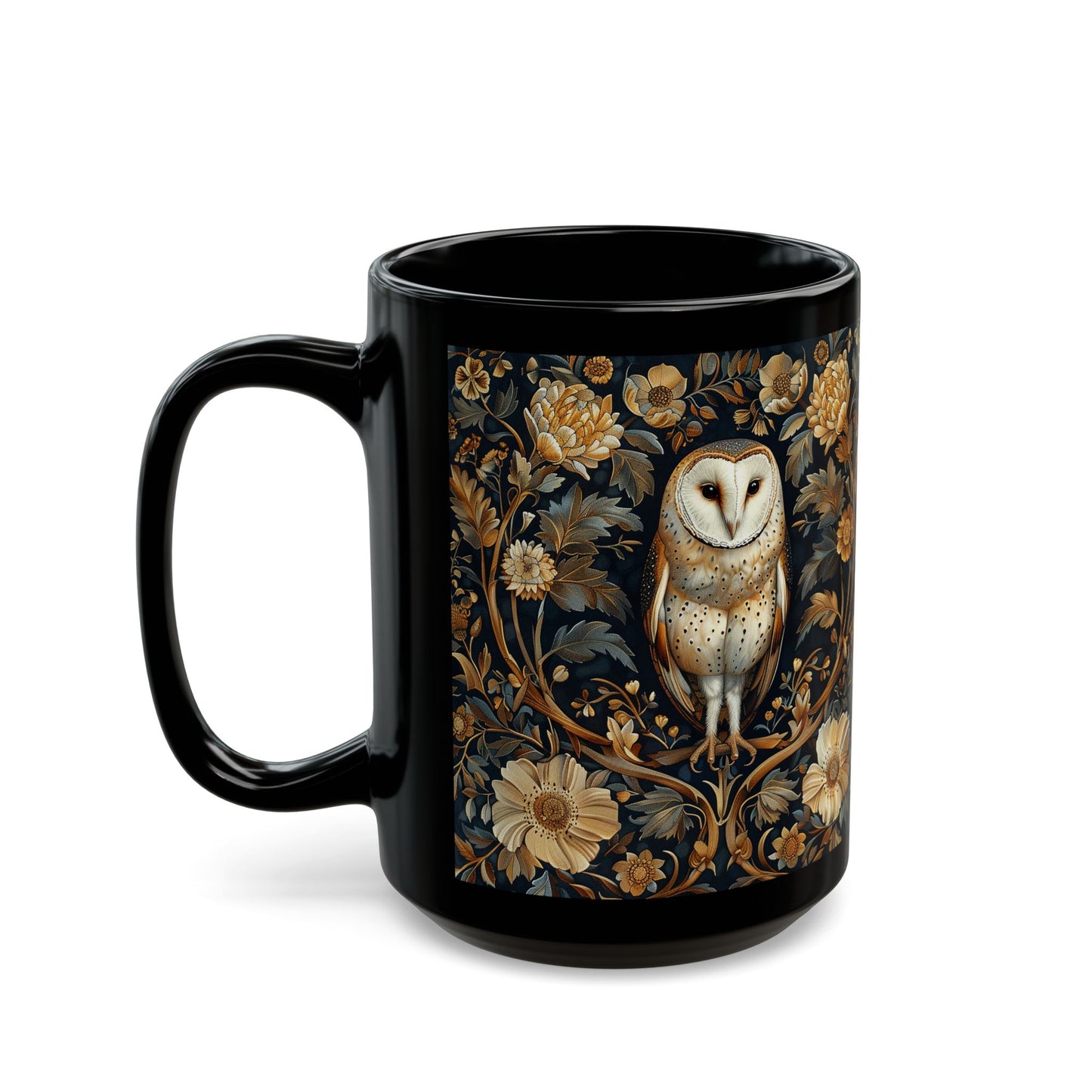 William Morris Inspired Botanical Barn Owl Black Coffee Mug | Mystical Owl Black Mug 11oz, 15 oz