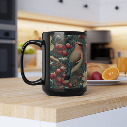 Waxwing Bird Vintage Berry Botanical Black Mug (11oz,15oz) Nature Lover Wildlife Art Gift