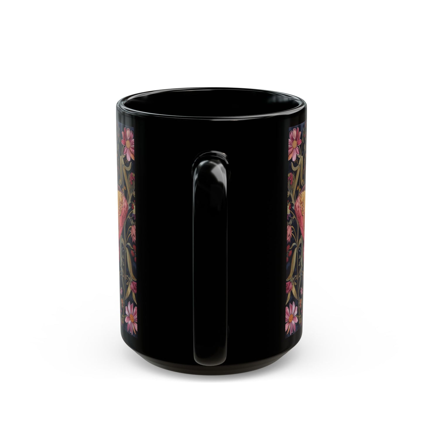 William Morris Inspired Botanical Pink Rosy Maple Moth Black Mug 11oz, 15 oz