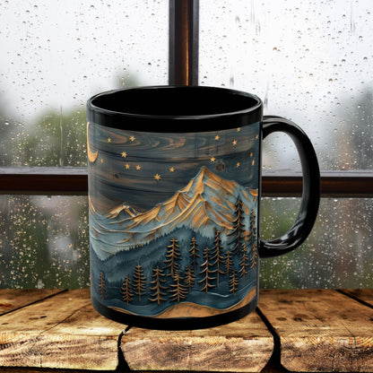 Wooden Crescent Moon Mountain Landscape Black Mug, Winter Carved Wood Art Style Coffee Cup (11oz, 15oz)  Mountain Lover Gift