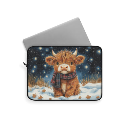 Winter Highland Cow Laptop Sleeve, Cozy Christmas Cow Art Case, Cute Scottish Highland Calf in Snow Laptop Cover (12”, 13”, 15”)