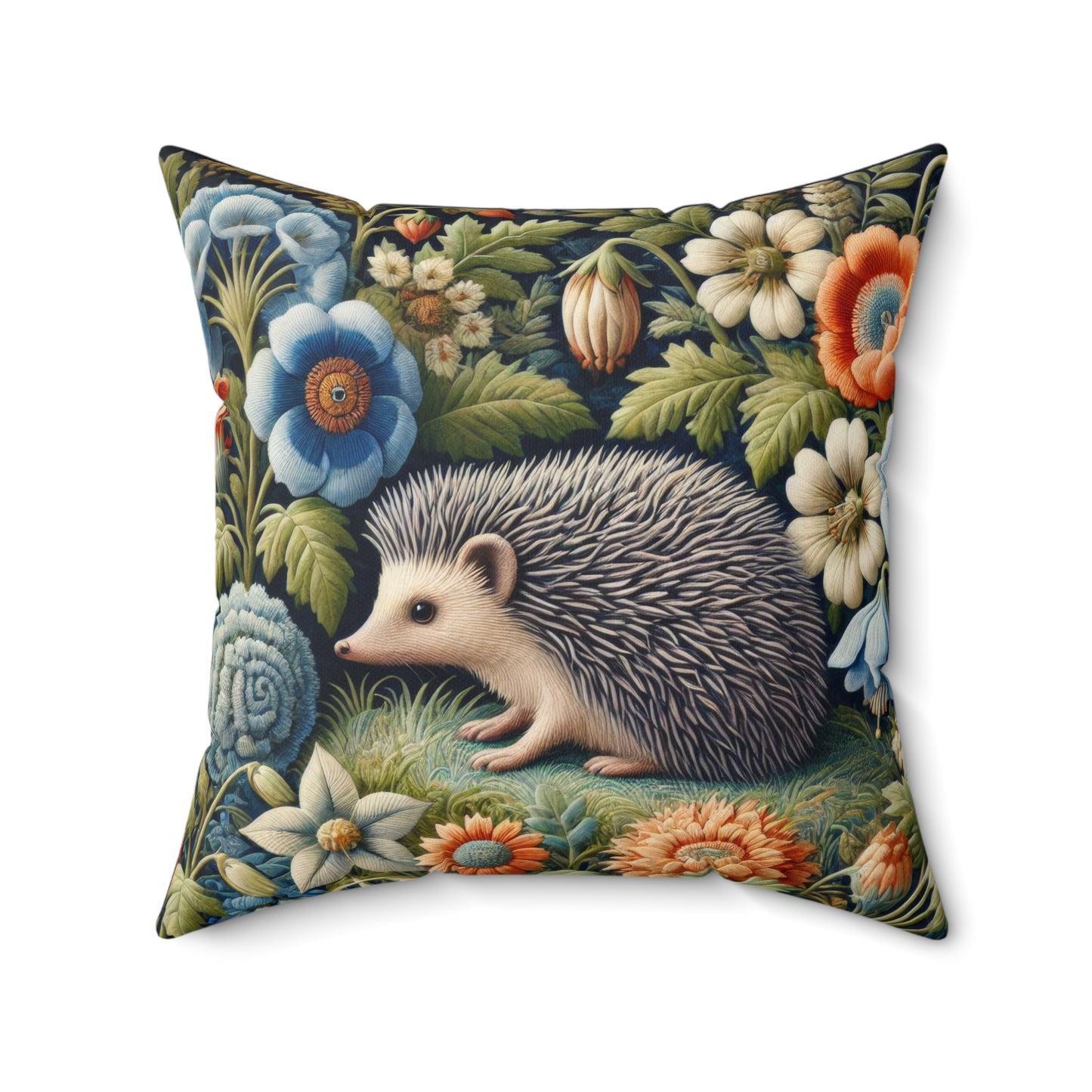 Hedgehog Square Pillow, William Morris Inspired Decorative Cushion, Spun Polyester Throw Pillow, Botanical Home Decor Accent, Indoor Outdoor