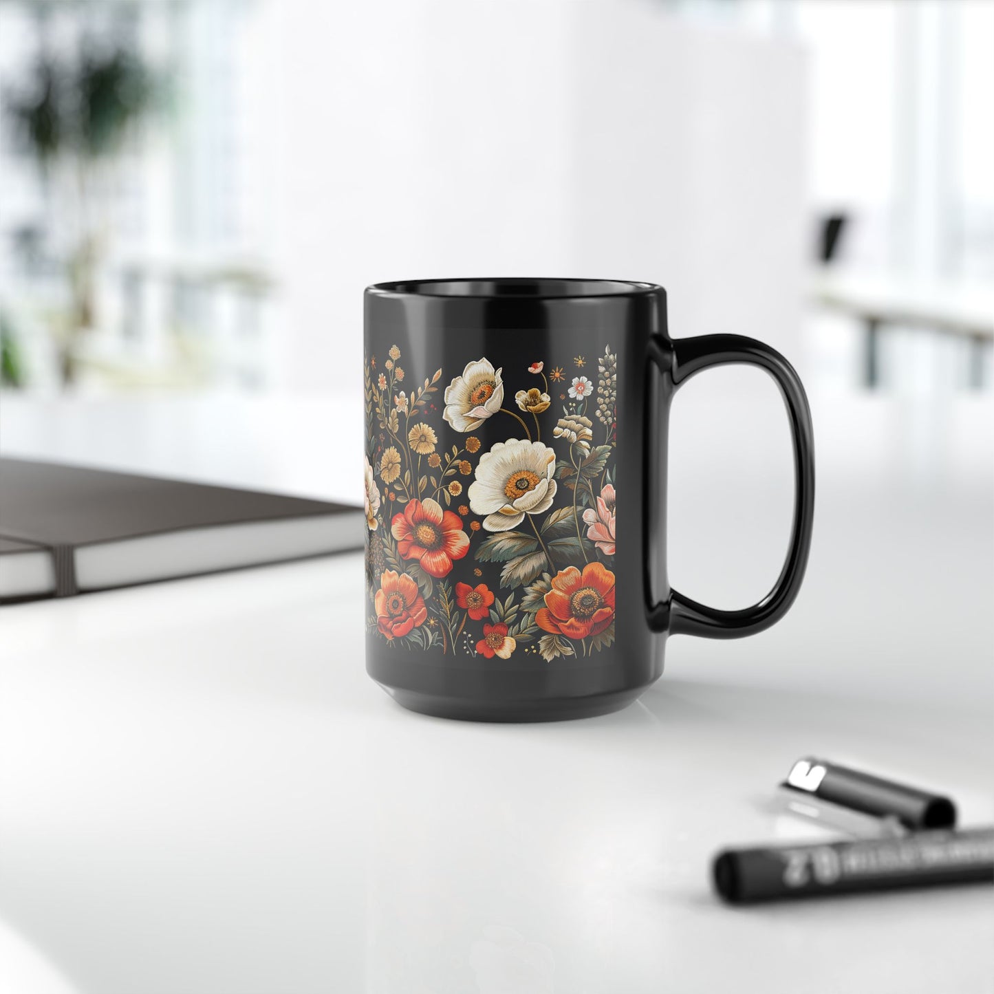 Wildflowers Pattern Embroidery Mug Black Mug 11oz, 15 oz