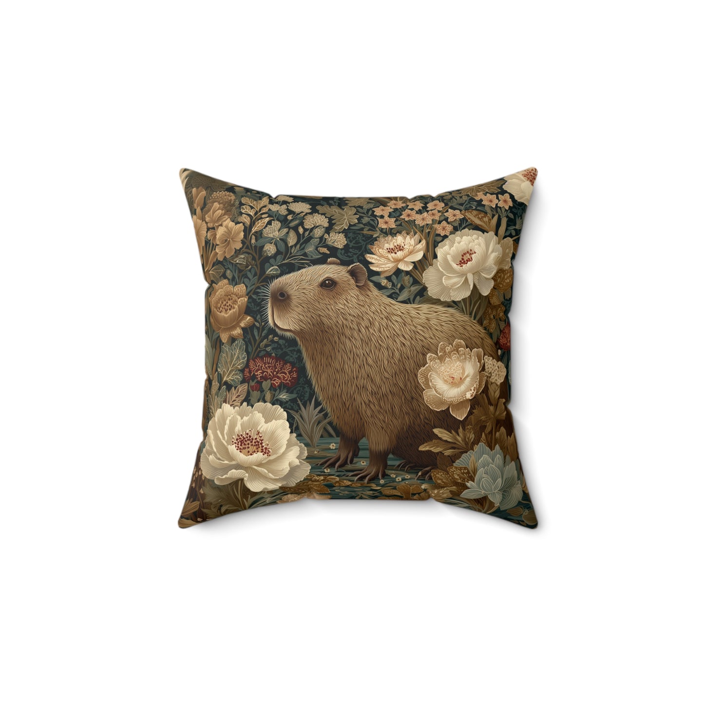 Capybara Botanical Pillow, William Morris Style Vintage Floral Animal Cushion