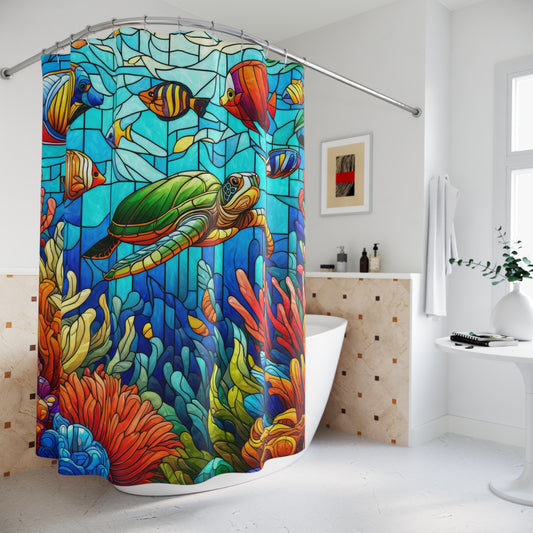 Stained Glass Colorful Tropical Fish, Sea Turtles, and Coral Reef Shower Curtains