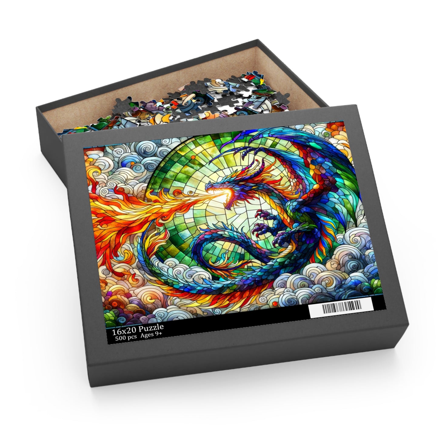 Colorful Dragon Stained Glass Jigsaw Puzzle Box (120, 252, 500-Piece) Adult Jigsaw Puzzle, Gift Him Her