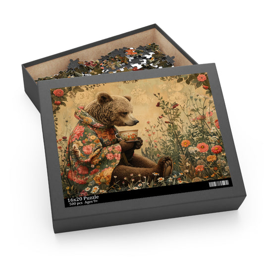 Tea Time Bear Wildflower in William Morris Style (120, 252, 500-Piece) Adult Jigsaw Puzzle, Gift Him Her