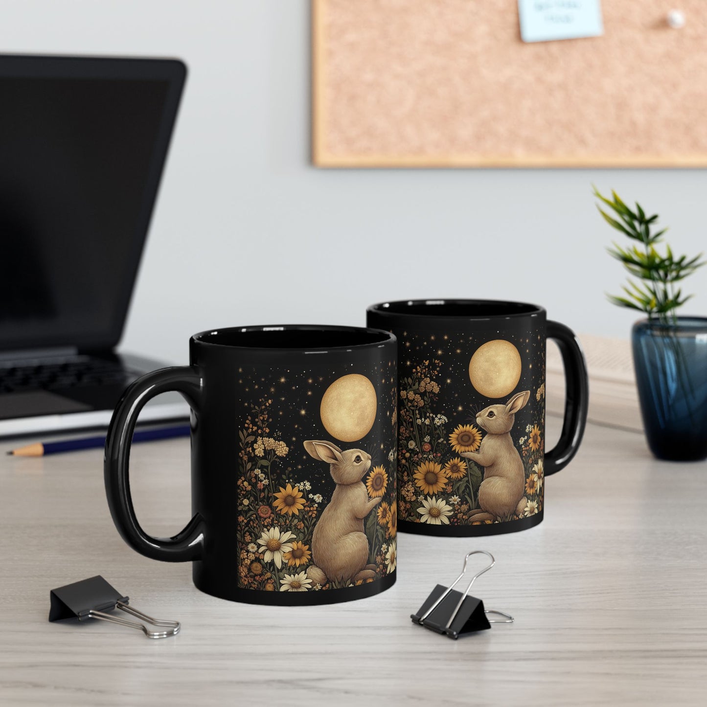 Moon Rabbit Coffee Mug, William Morris Inspired Floral Bunny Black Ceramic Cup (11oz, 15oz)