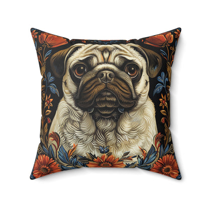 William Morris Pug Dog Pillow Inspired, Decorative Pug Cushion, Spun Polyester Square Pillow