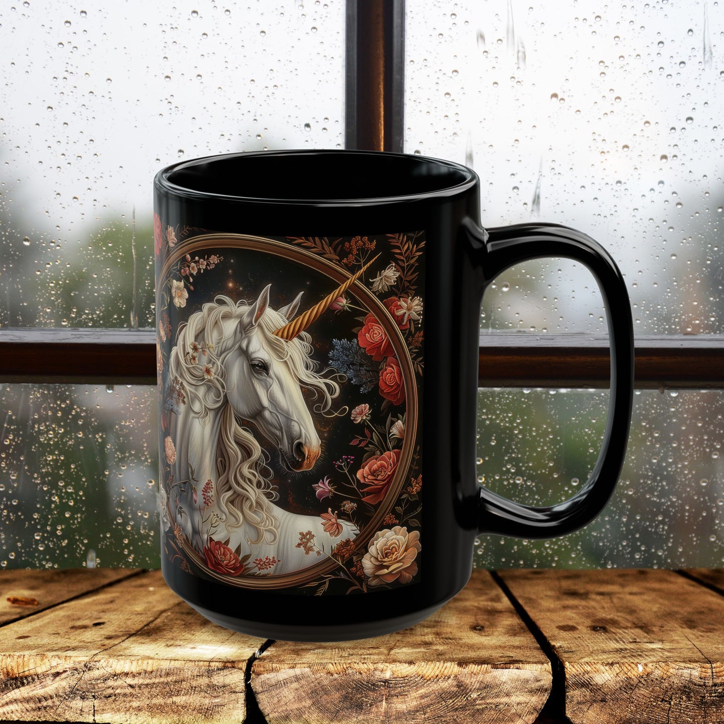 William Morris Inspired Victorian White Unicorn Botanical Black Coffee Mug 11oz, 15oz - Unique Gift for Tea Lovers, Floral Mug, Gift for